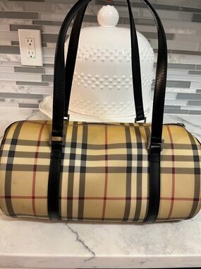 Burberry Beige Plaid Barrel Satchel with Black Trim